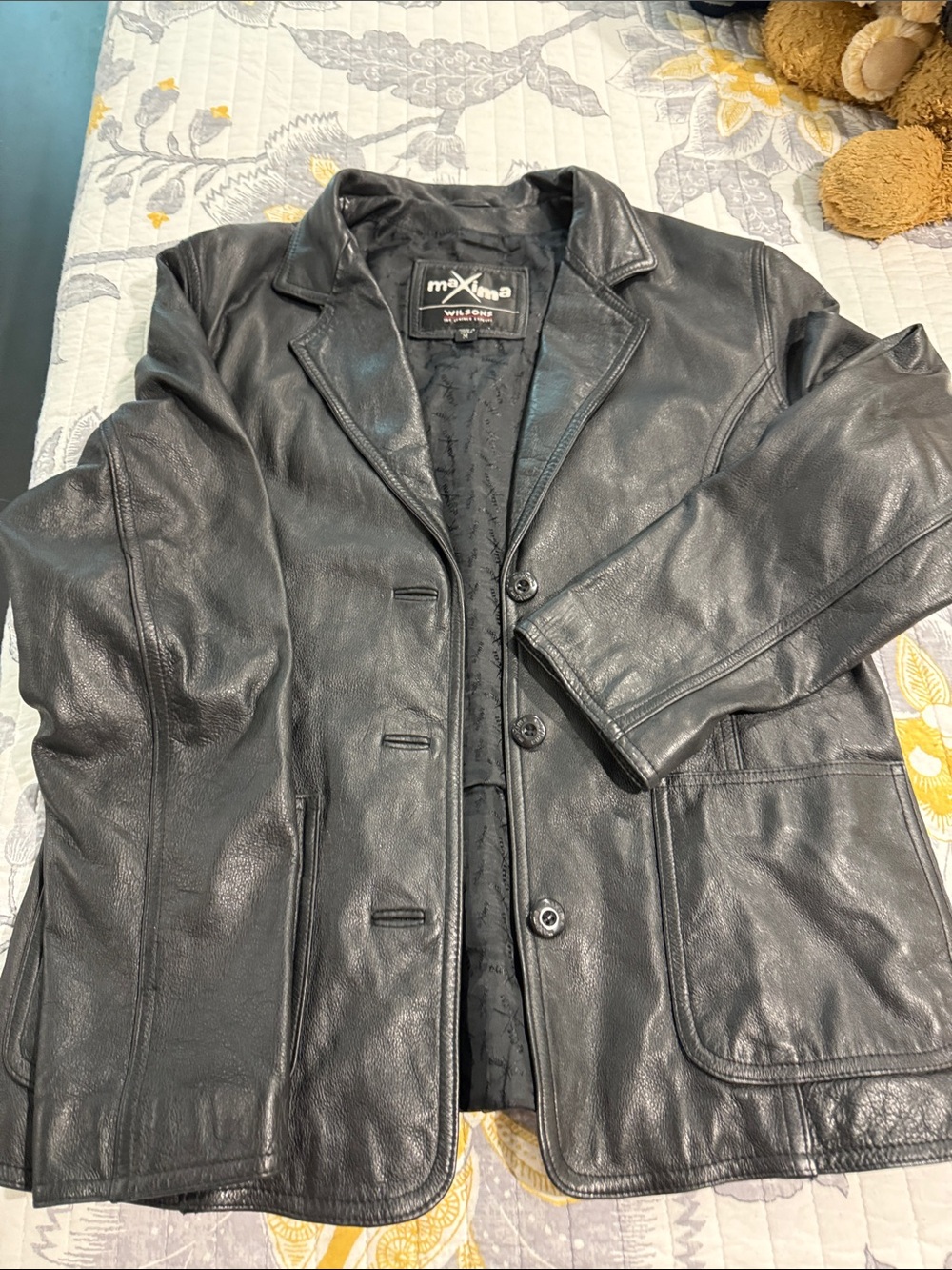 Maxima Black Leather Pea Coat Jacket